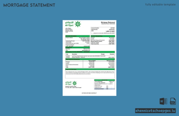 Beispiel-Word- und PDF-Vorschau: Hypothekenabrechnung der Kuwait Commercial Bank of Kuwait Al Tijari